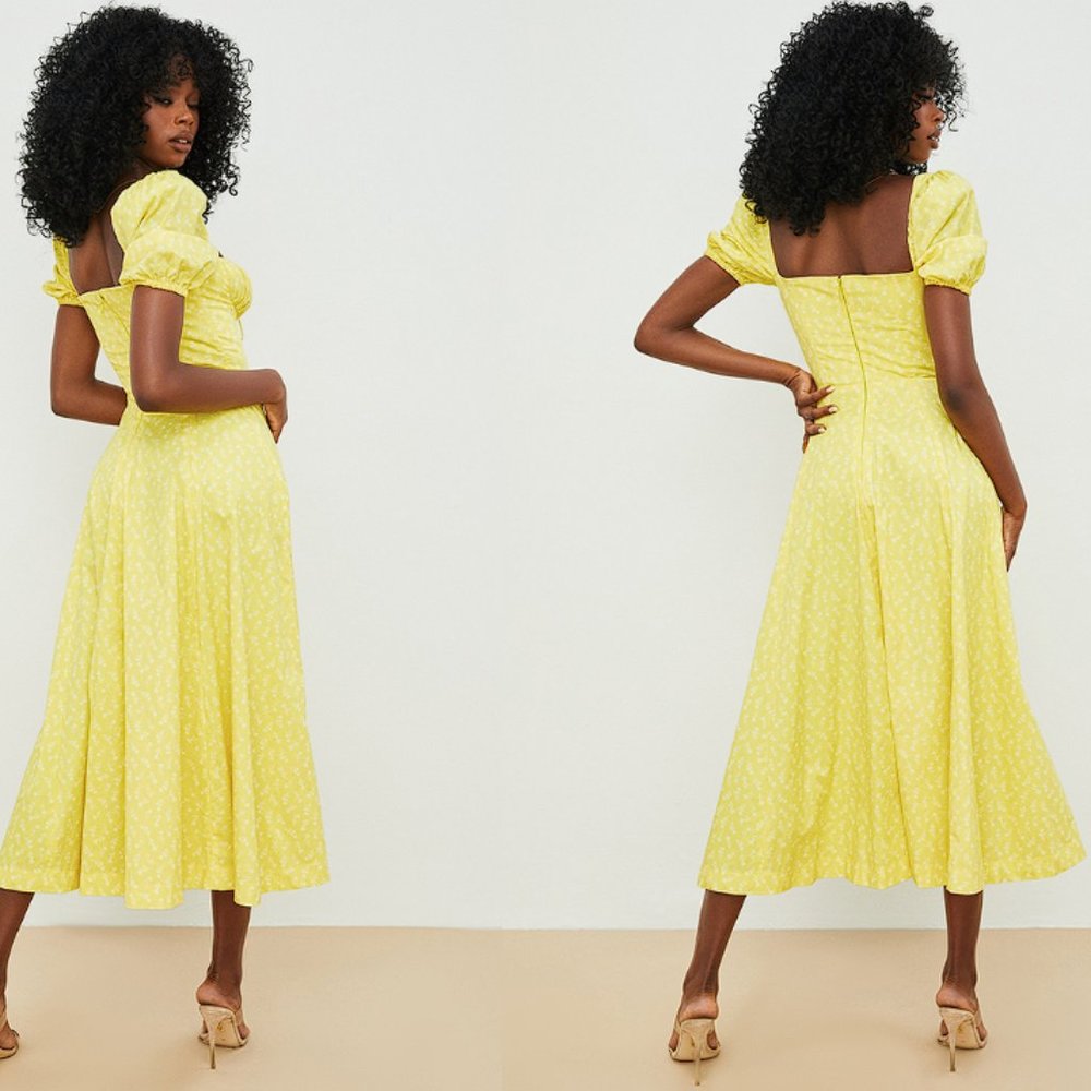 HOUSE OF CB 'Tallulah' Yellow Floral Puff Sleeve Midi Dress NWOT - Picture 5 of 11